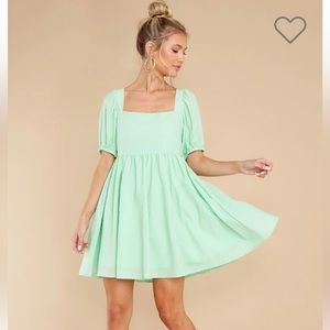 Red Dress Light Green Puff Sleeve Dress - Size Small